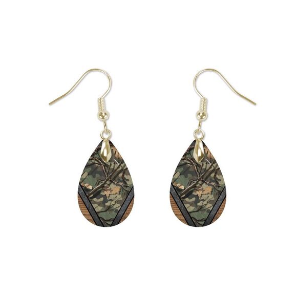 Mary B Decorative Art Jewelry - Green Camo and Brown Teardrop Earrings 1.5 Inch Dangle Pierced Ears